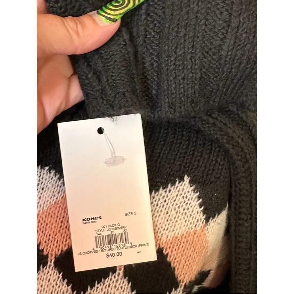 NWT SO Black, Pink & White Long Sleeved Cropped Textured Cowl Neck  Turtleneck A